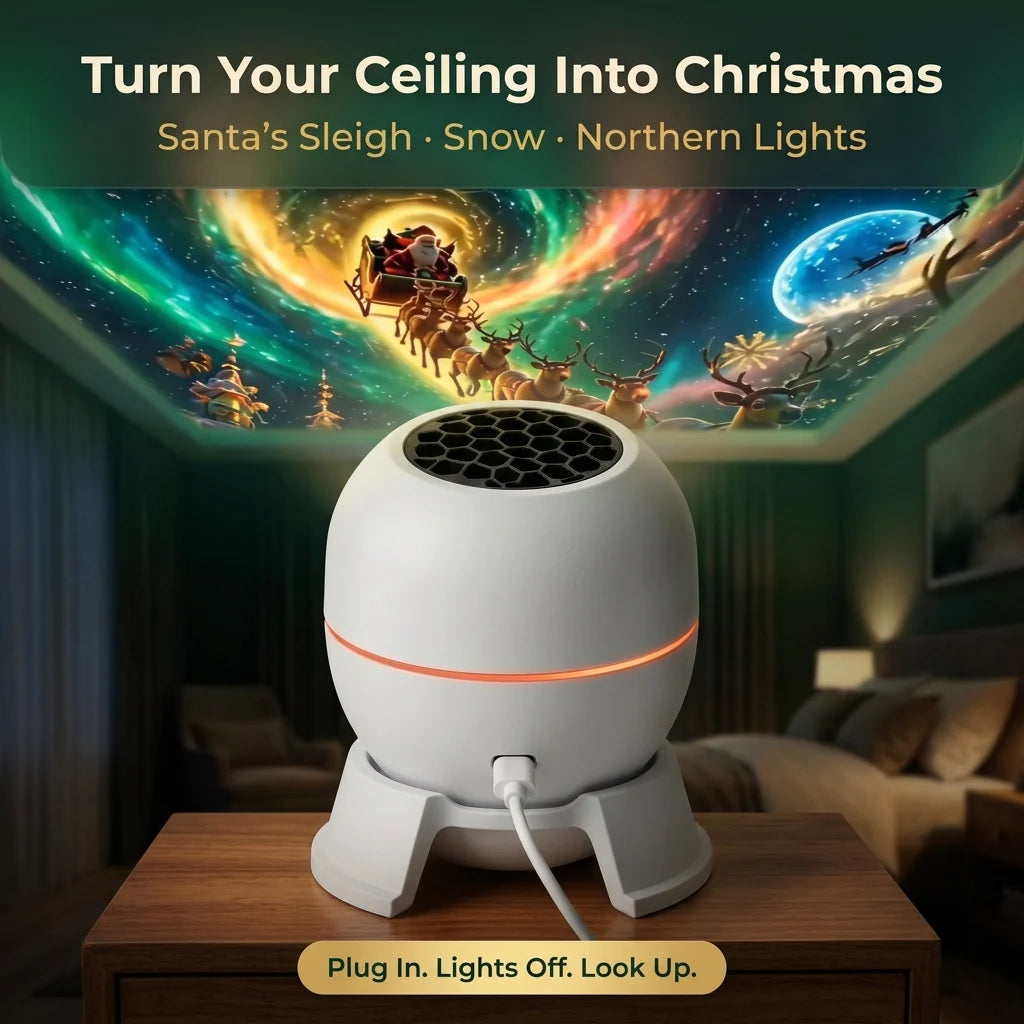 Glory Glow Christmas Sky Projector on a nightstand projecting Santa's sleigh and northern lights on the ceiling