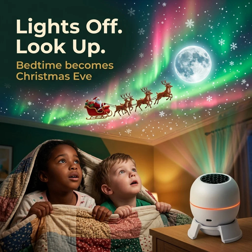 Two children under a blanket looking up at a Christmas sky projected on the bedroom ceiling