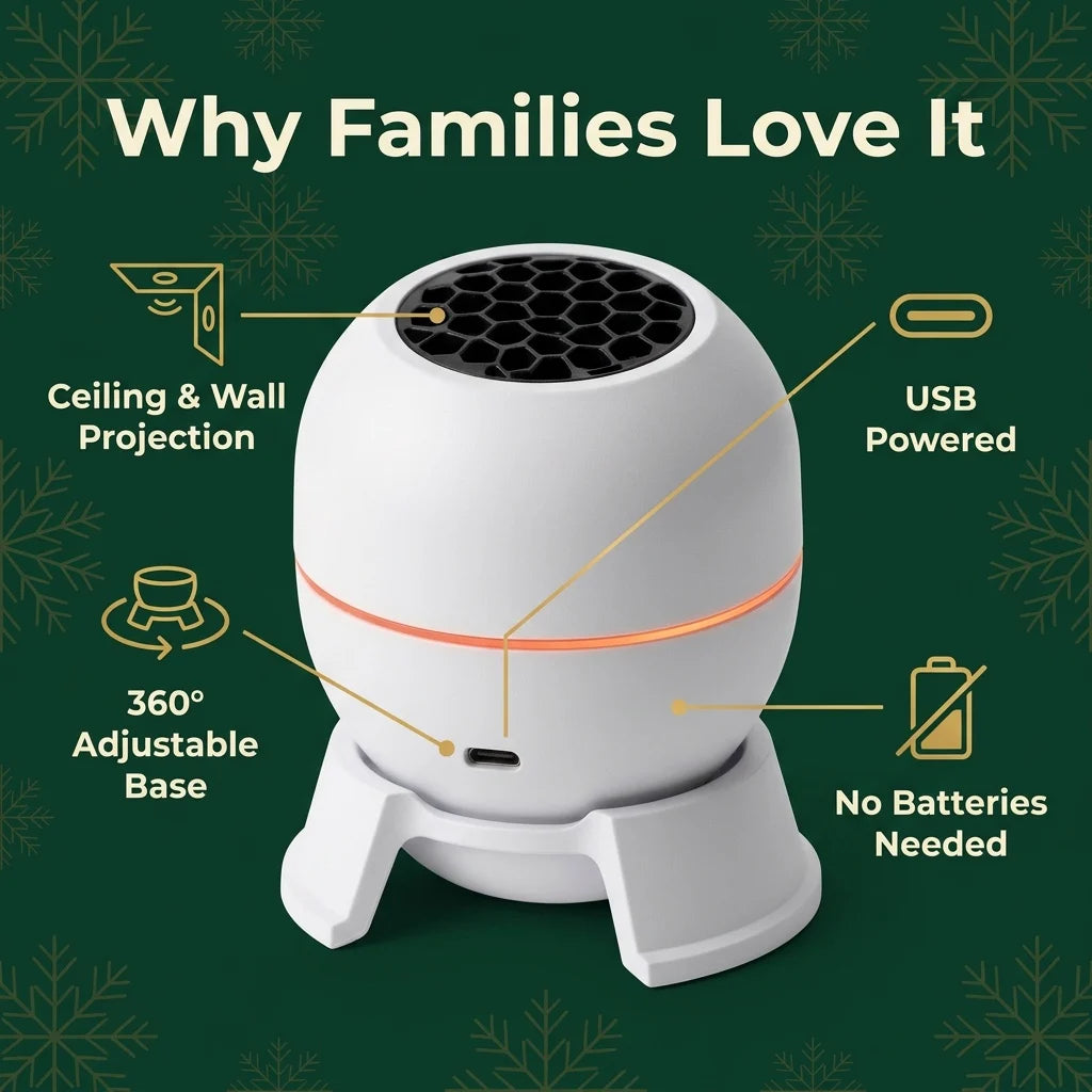 Projector features: ceiling and wall projection, USB powered, 360° adjustable base, no batteries needed