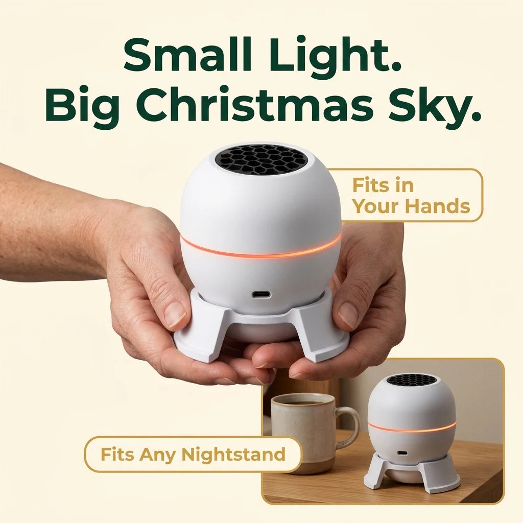 Compact projector held in two hands and standing on a nightstand next to a mug