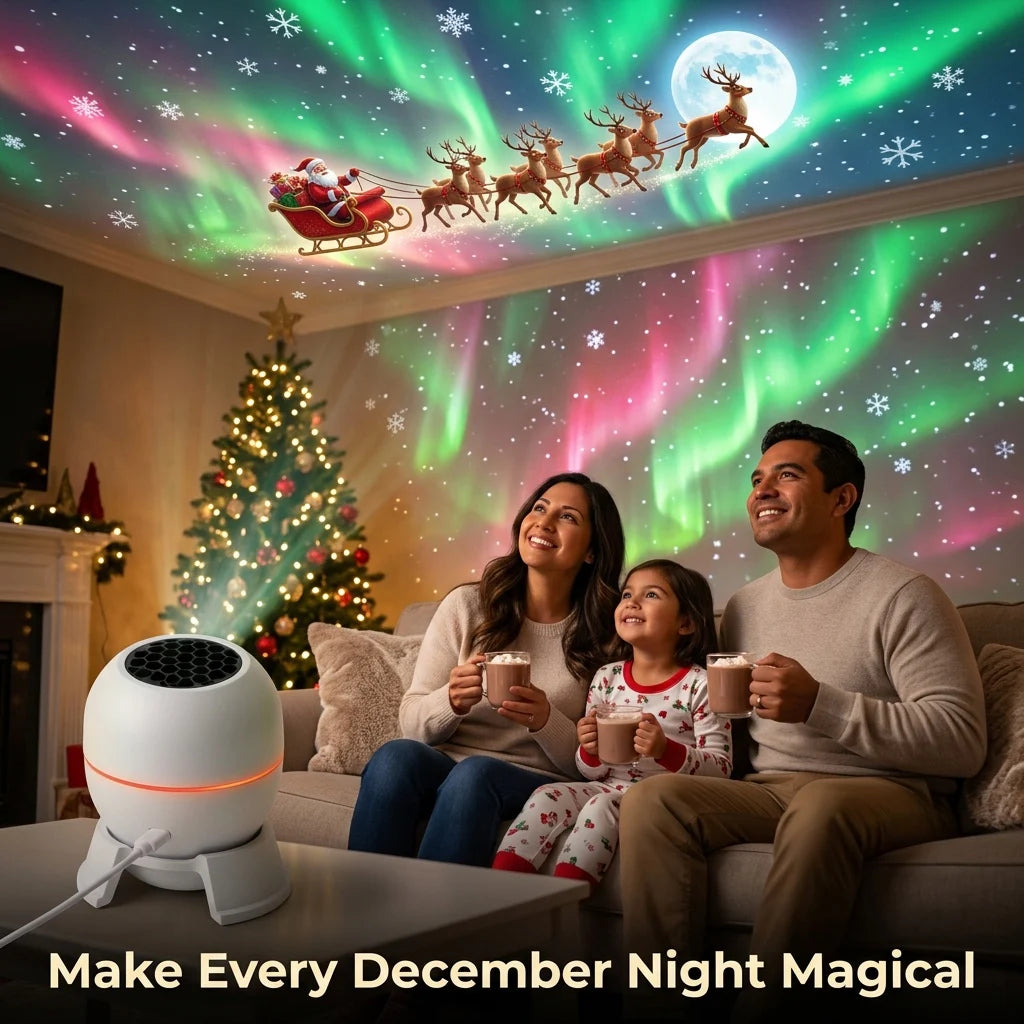 Family with hot cocoa on a sofa under Santa's sleigh and northern lights projected across the living room