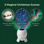 The three Christmas scenes: Santa's sleigh and moon, falling snow and northern lights