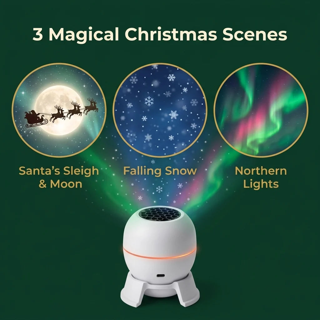 The three Christmas scenes: Santa's sleigh and moon, falling snow and northern lights