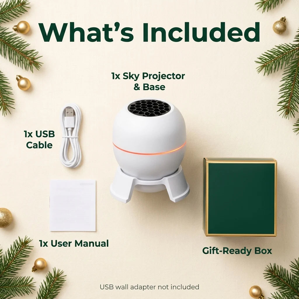What's included: projector with base, USB cable, user manual and gift box
