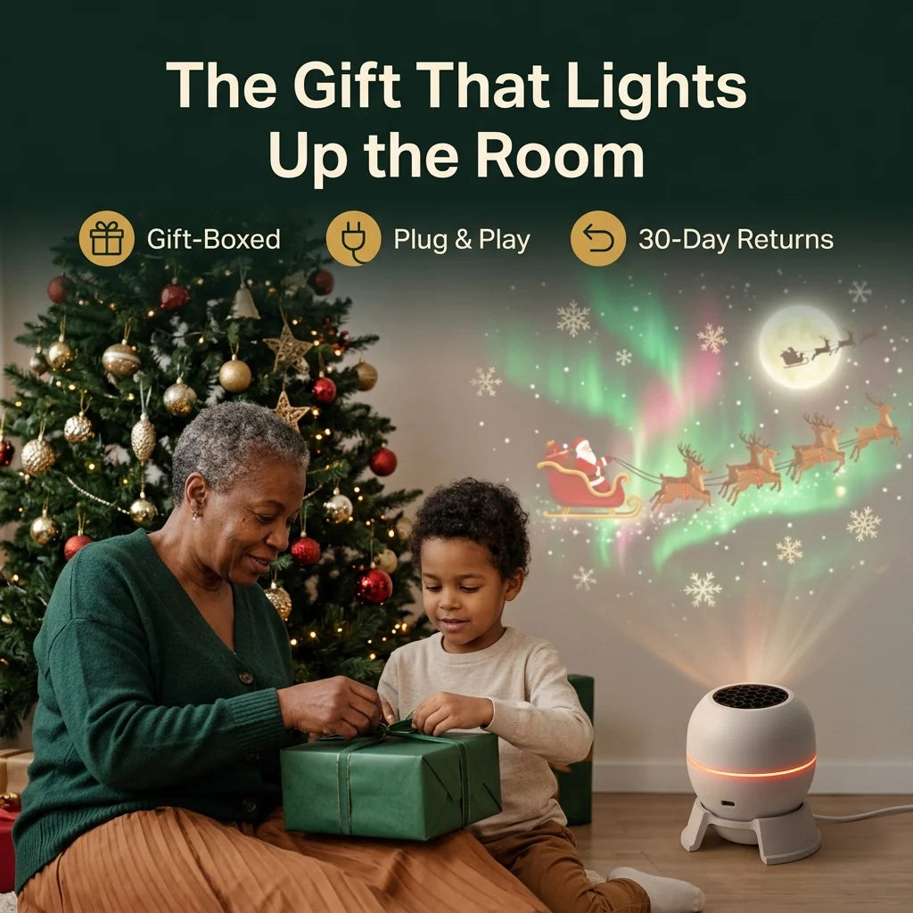 Grandmother and child opening a gift beside the tree while the projector lights the wall