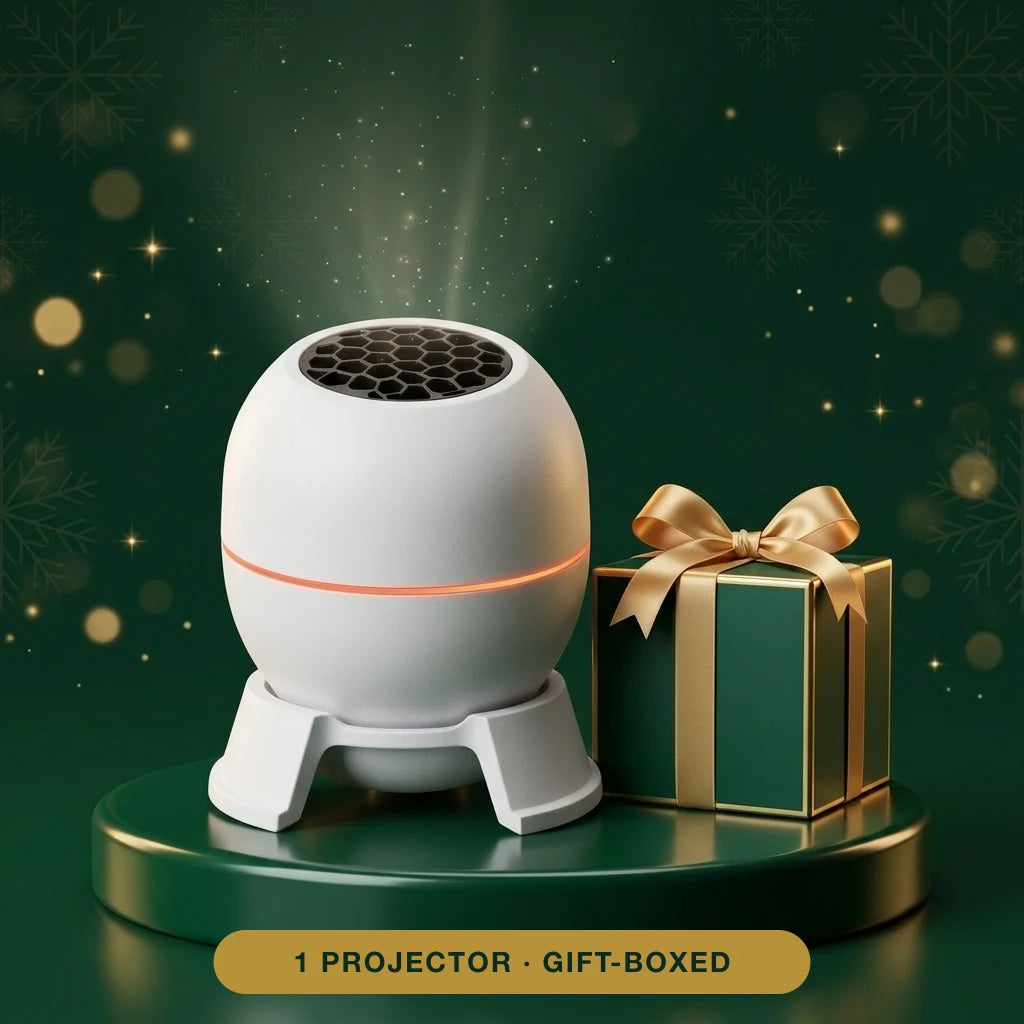 1 Glory Glow Christmas Sky Projector with a green and gold gift box
