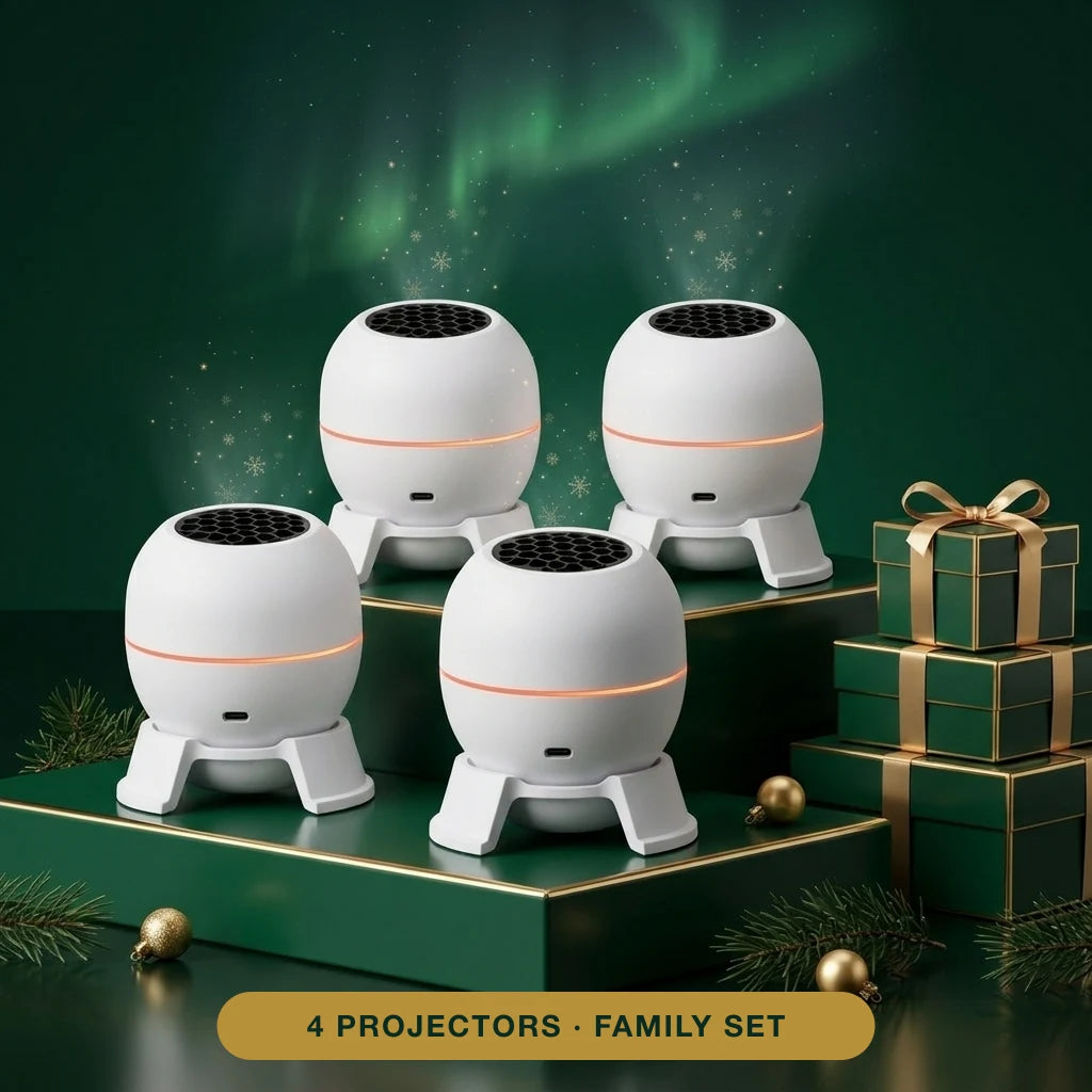 4 Glory Glow Christmas Sky Projectors with gift boxes, a family set