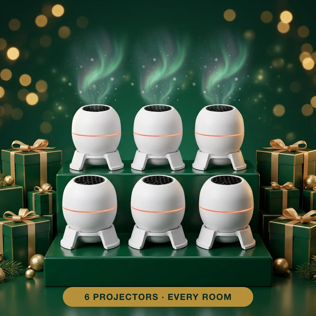 6 Glory Glow Christmas Sky Projectors with gift boxes, one for every room