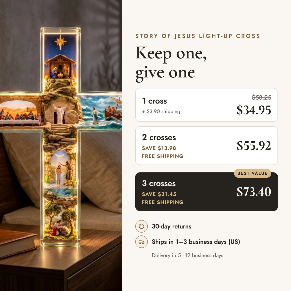 Bundle pricing: 1 cross $34.95, 2 crosses $55.92, 3 crosses $73.40, free shipping on 2- and 3-packs