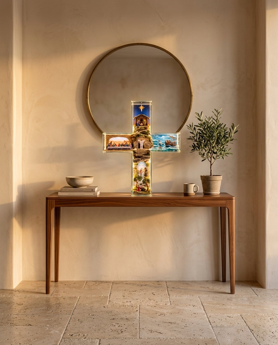 Story of Jesus Light-Up Cross glowing on an entry table