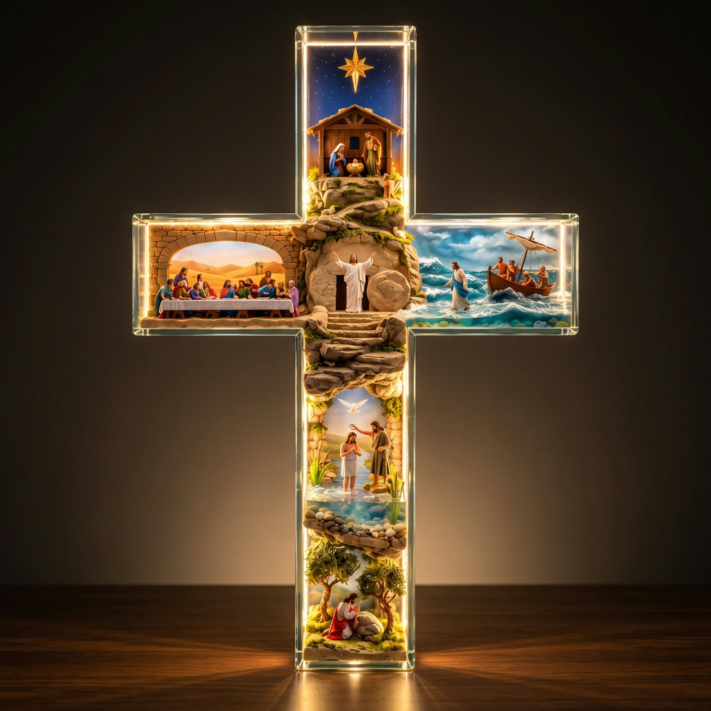 Story of Jesus Light-Up Cross glowing warm in a dark room, all six scenes lit