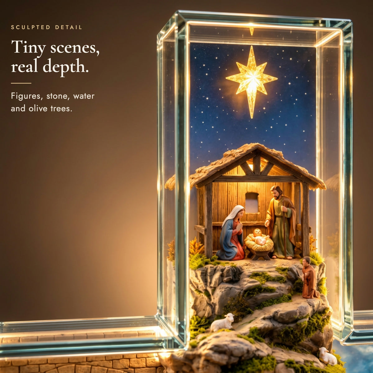 Close-up of the sculpted Nativity scene at the top of the light-up cross