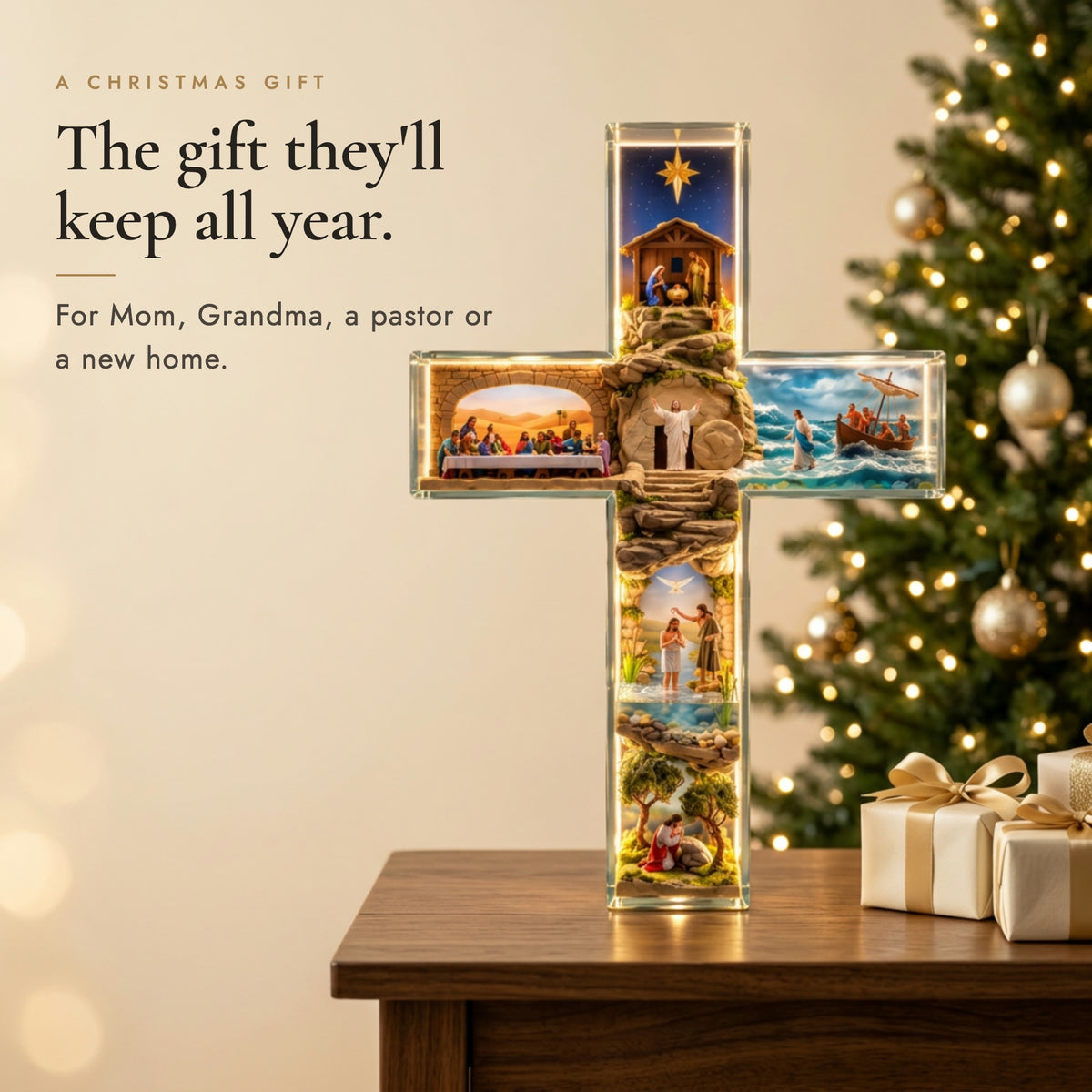 Light-up cross beside a Christmas tree and wrapped gifts, a Christmas gift idea
