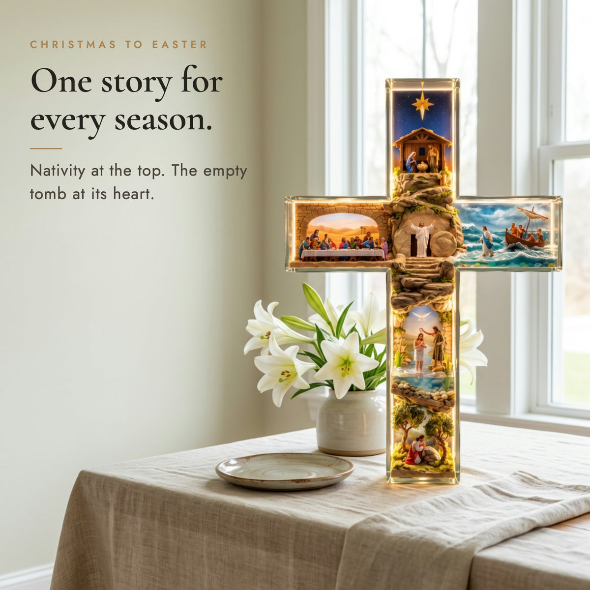 Light-up cross on a spring table with white Easter lilies