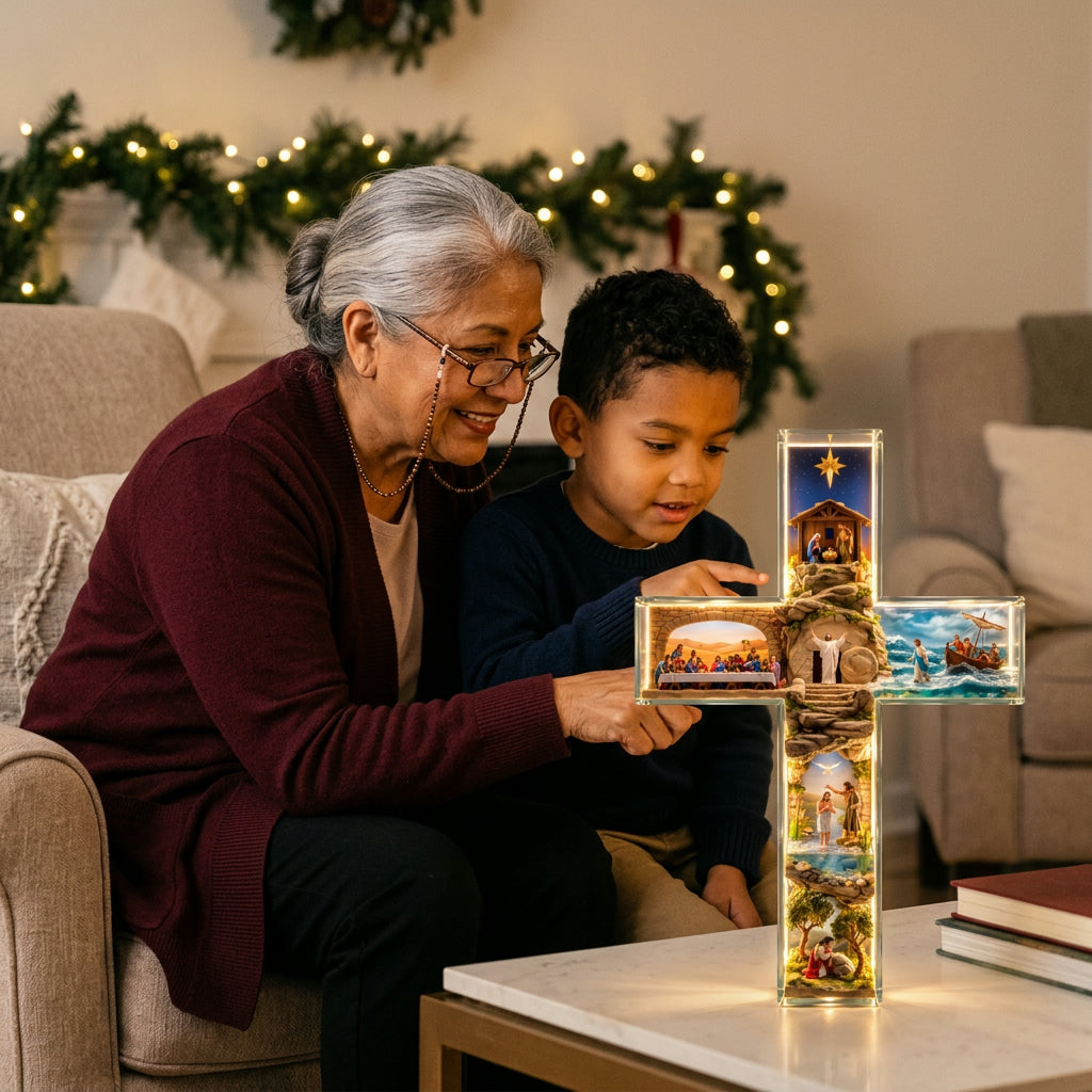 Grandmother and grandson looking at the glowing story cross on a coffee table at Christmas