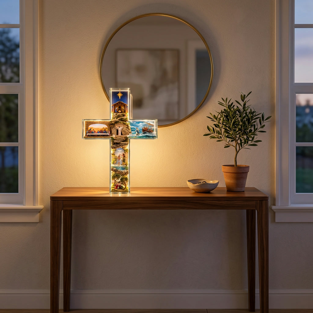Story of Jesus Light-Up Cross glowing on an entryway console table