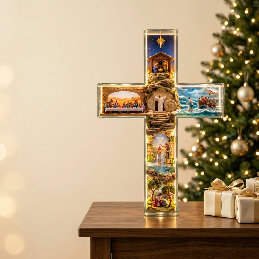 Story of Jesus Light-Up Cross beside a Christmas tree and wrapped gifts