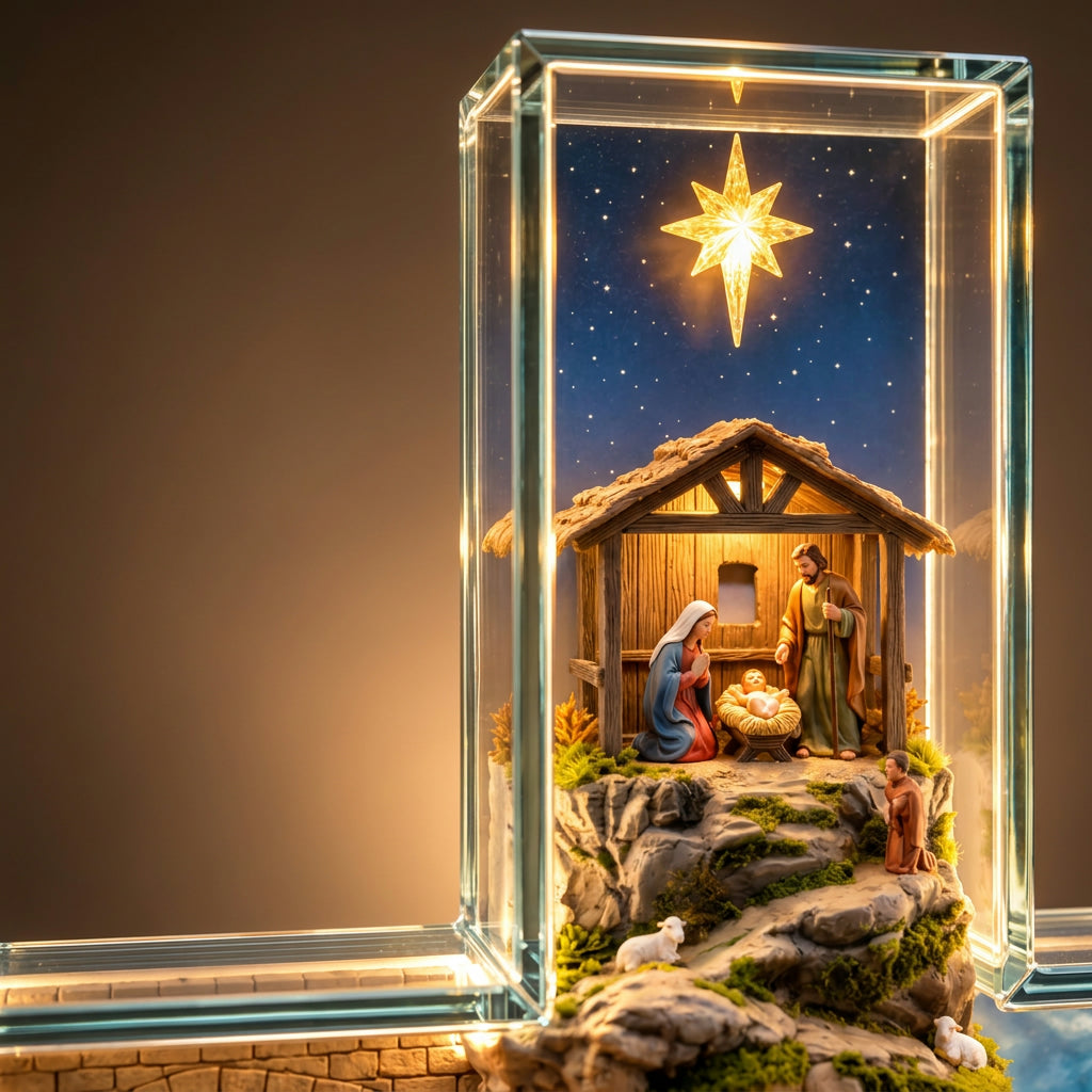 Close-up of the sculpted Nativity scene inside the light-up cross