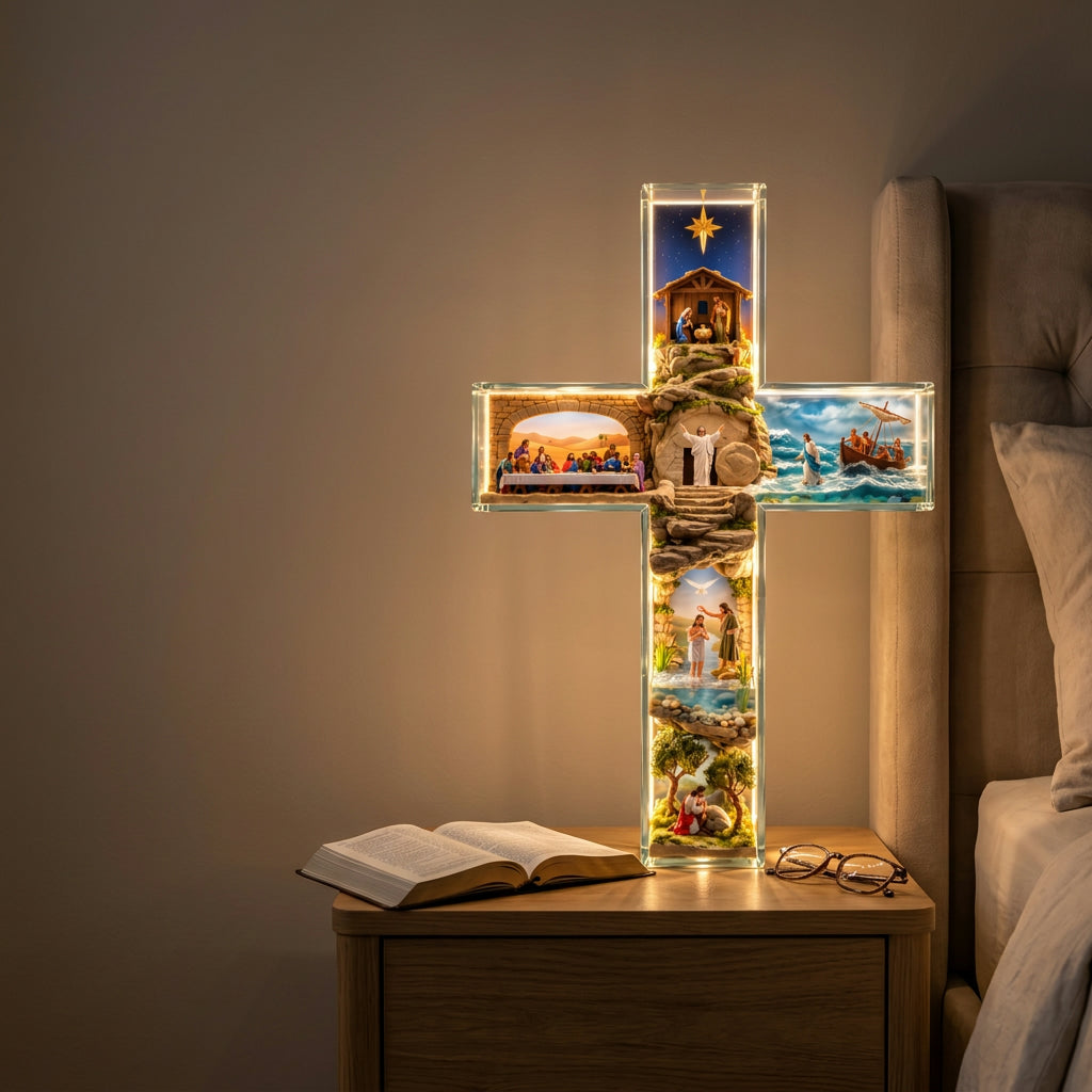 Light-up cross glowing on a nightstand beside an open Bible at night