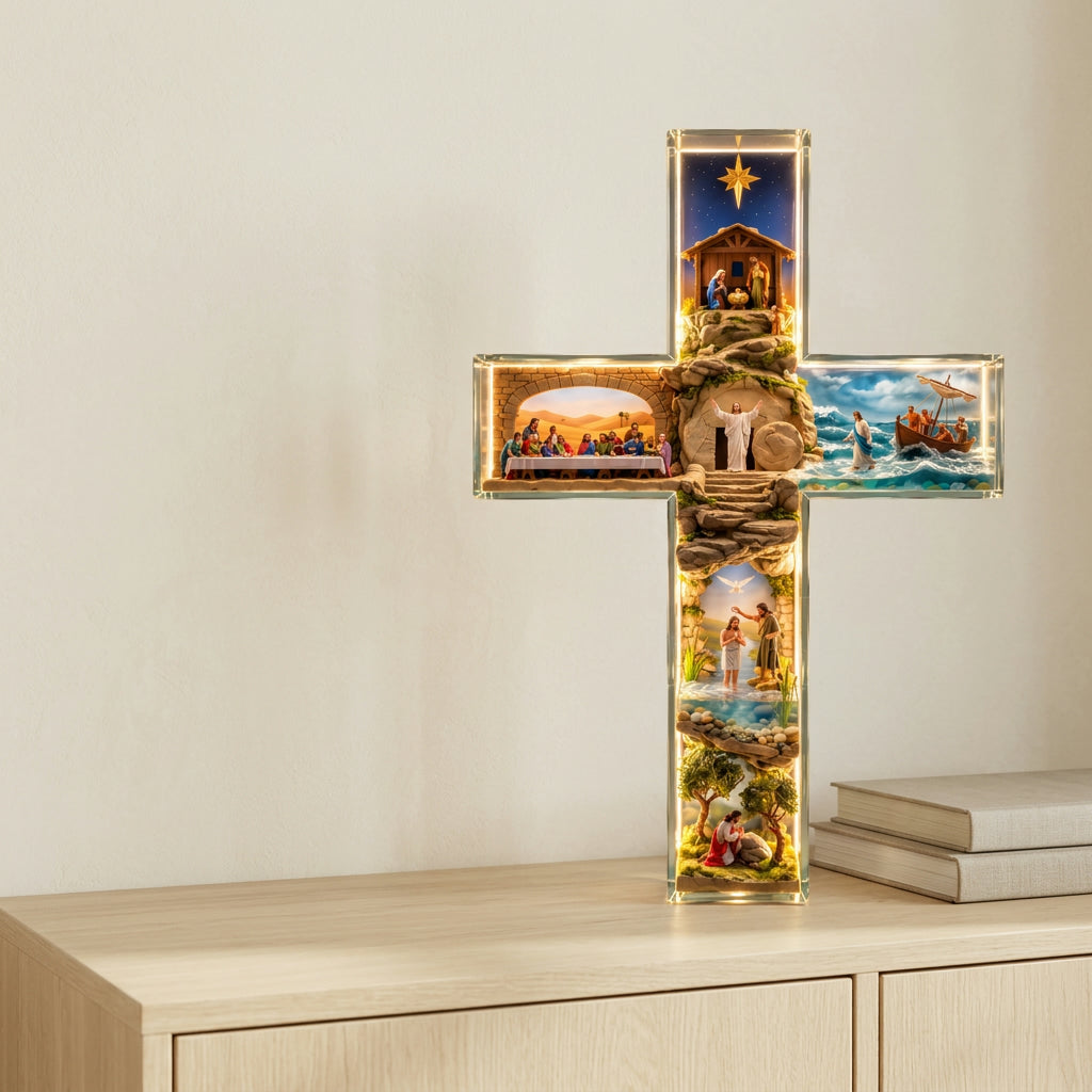 Story of Jesus Light-Up Cross glowing on a pale oak sideboard